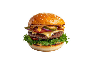 Savory Burger: A mouthwatering burger is expertly crafted, layers of fresh ingredients: sesame seed bun, a juicy patty, melted cheese, crisp lettuce, ripe tomato slices and tangy pickles.