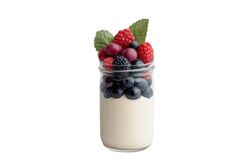 Berry Bliss in a Jar: A refreshing, vibrant dessert in a glass jar showcasing a harmonious blend of fresh berries and creamy goodness. This image celebrates the joy of simple, delightful treats.