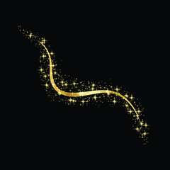 Golden star shaped sparkles confetti isolated on black background.