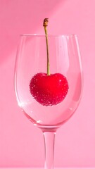 Single cherry in a wine glass against pink