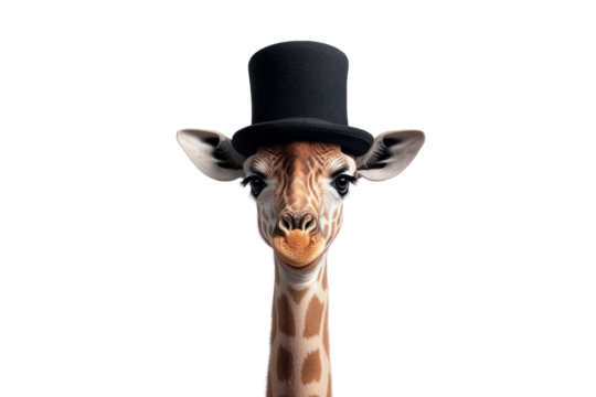 Giraffe in Top Hat: A whimsical portrait of a giraffe sporting a sophisticated black top hat. This unique image is a playful blend of elegance and the unexpected.