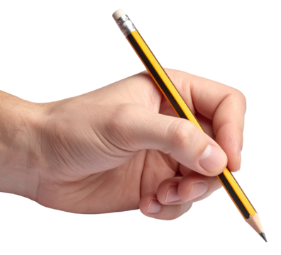 hand holding a wooden pencil in black and yellow color isolated on white background