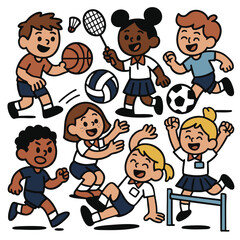 Children playing various sports with joy and enthusiasm