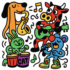Colorful cartoon animals playing musical instruments joyfully