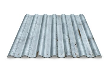 Weathered corrugated metal roofing sheet, isolated, studio shot, construction
