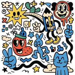 Colorful doodle art with playful characters and symbols