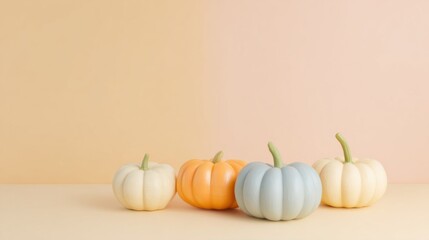 Four decorative pumpkins in white, orange, and blue hues set against a soft peach gradient background, styled in a clean row.