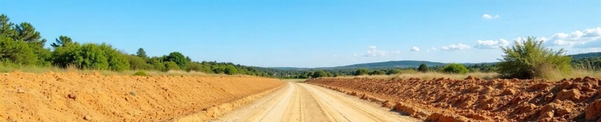 Obraz premium New construction home site, freshly graded land ready for foundation, clear blue sky Perfect for real estate, construction, and development marketing , nature, property investment, earth