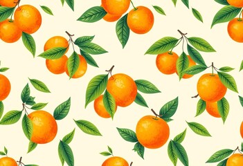 Stylized orange fruit and leaves repeat in a seamless pattern on a pale background,  element,  cheerful