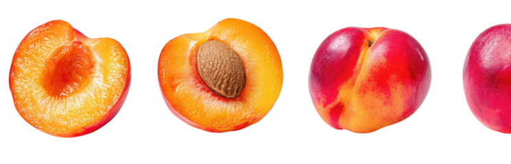 Four halved apricots or plums, vibrant colors