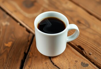 Steaming black coffee in a white mug on rustic wood, dark, dark roast