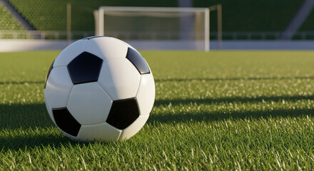 Fototapeta premium Professional photo of a clean white and black soccer ball on green grass in a stadium field with natural sunlight and blurred goalpost in background, generic sports concept with no branding