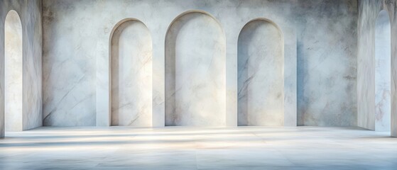 Spacious, minimalistic interior scene featuring light-colored walls with arches creates an airy atmosphere, suitable for showcasing products, studio photography, or as a background for events,