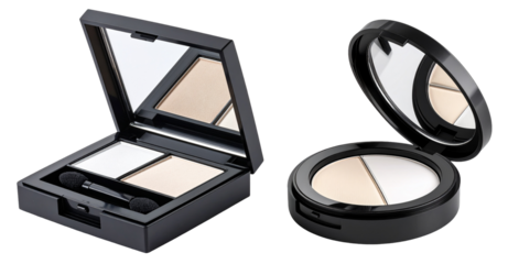 opened square and round makeup case with mirror in black color isolated on white background