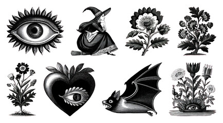 PNG Vintage mystical illustrations collection, element set on transparent background