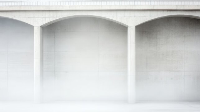 A minimalist concrete structure features smooth arches and a foggy atmosphere, ideal for architectural presentations, background visuals, or artistic projects, It conveys modernity and serenity,