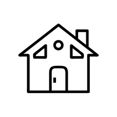 Simple depiction of a house with a chimney, triangular windows, and a round window on the upper part