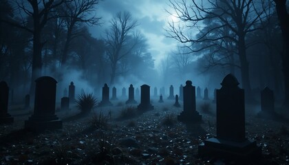 Night scene of a graveyard with tombstones bare trees and fog under a moonlit sky