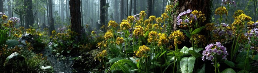 Obraz premium Pollination nation promotes bee-friendly actions concept. Vibrant wildflowers thriving in a misty forest setting.