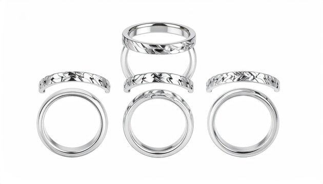 Five Interlocking Silver Rings with Geometric Pattern on White Background