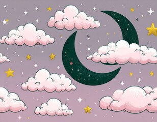 Cute night sky with clouds, moon, and stars