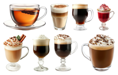 PNG Assorted hot beverages in glass cups, element set on transparent background