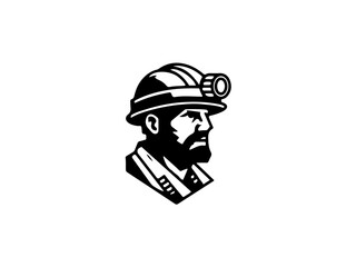 Rugged miner with headlamp ready for hard work in underground exploration, strong professional icon