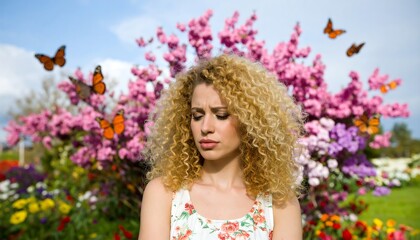 Naklejka premium A woman with curly hair, contemplative pose, surrounded by vibrant flowers and butterflies, outdoors in sunny weather