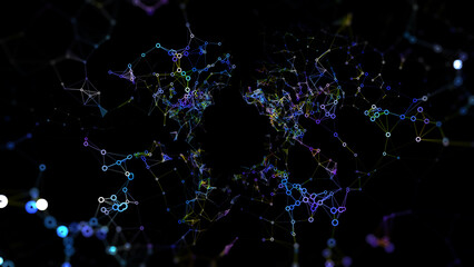 Futuristic scientific physics concept with color polygonales. Abstract background lines connecting circles in quantum chaos dark defocus.