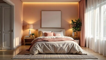 Serene bedroom sanctuary, promoting relaxation and healthy sleep Soft lighting, calming colors, and plush textiles create a peaceful atmosphere ideal for rest and rejuvenation , nightstand, texture