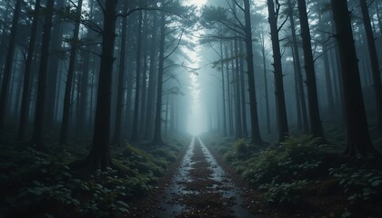 Fototapeta premium Misty forest path Trees line a damp road disappearing into fog Dark atmospheric woods scene