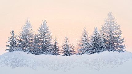 Fototapeta premium Peaceful snowy landscape with frosted evergreen trees under a soft, warm, and muted pastel sky during a serene winter sunset, evoking a sense of tranquility and natural beauty