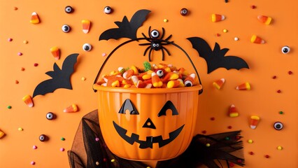 A spooky halloween pumpkin bucket overflowing with candy corn and surrounded by festive decorations like bats and candy eyes