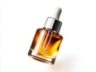 Close up of a skincare dropper bottle filled with golden serum against a white background