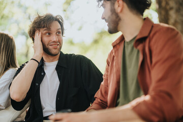 Two adults sitting together outdoors, enjoying a friendly chat in a relaxed atmosphere.