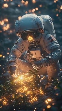 Astronaut Explorer in Fantasy World: An astronaut explorer, illuminated by mystical golden sparks, carefully observes an otherworldly plant in a surreal, dreamlike setting.