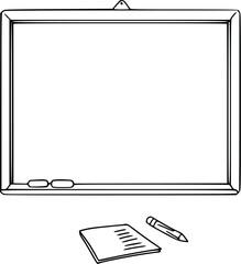 Black and white hand-drawn board with notebook and pen, perfect for education or office design.