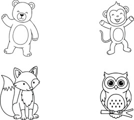 Set of cute hand-drawn animals including bear, monkey, fox, and owl.