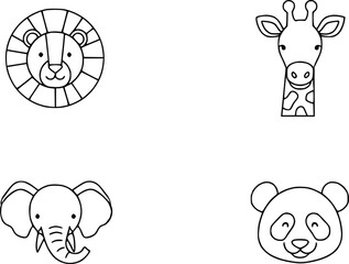 Black and white collection of cute animal heads, minimalist and adorable.