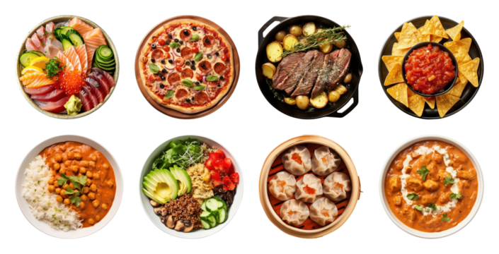 PNG Diverse global cuisine dishes, element set on transparent background