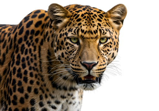 Majestic Leopard: Close-Up Portrait of a Wild Cat on white background