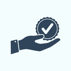 A hand holding a circular badge with a checkmark, symbolizing quality, approval, or service.