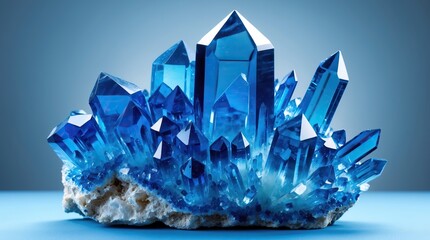 Blue Crystals with Faceted Structure on Gray Rocky Base