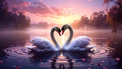 Two swans in a heart shape at sunset