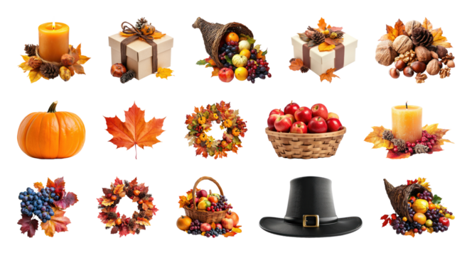 PNG Autumn harvest festive decorations collection, element set on transparent background