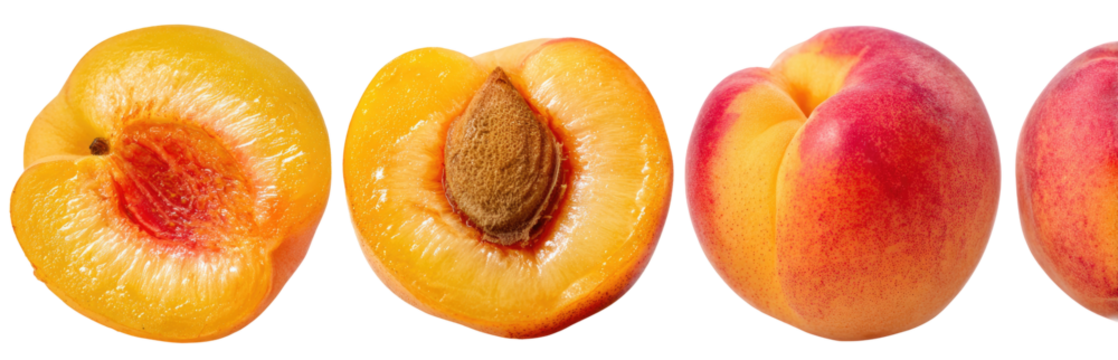 Three sliced apricots, side-by-side.  The apricots are cut in half, displaying their interior flesh and pit.  The exterior skin of the apricots showcases a gradient of yellow and red