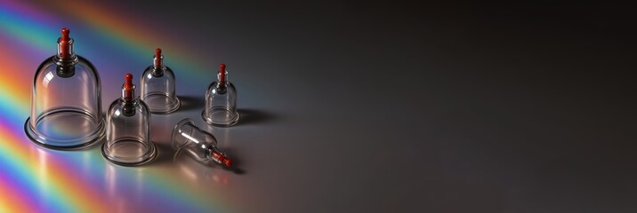 Transparent cupping therapy tools with bright rainbow reflections. Natural alternative medicine concept providing relaxation. Hijama, treatment according to the Sunnah.