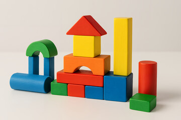 Assorted brightly colored wooden building blocks arranged into a playful structure, captured in a realistic style, placed on a white background, concept of childhood creativity and learning