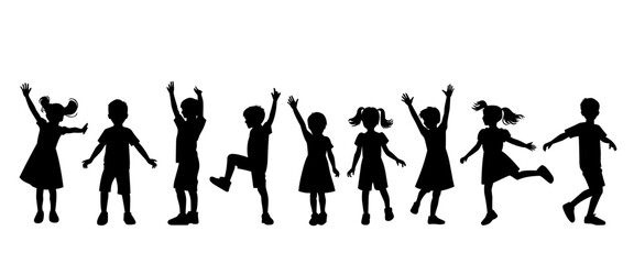 Vector illustration of children silhouettes in different playful poses.