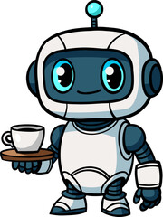Cute cartoon robot holding coffee cup vector illustration